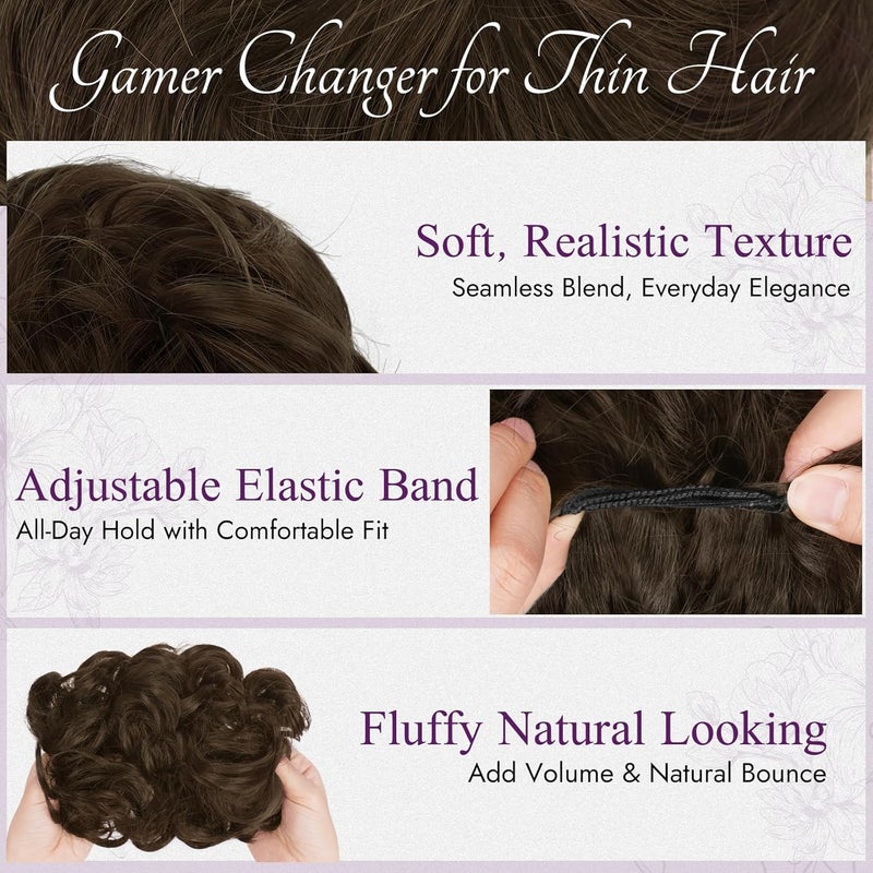 BARSDAR 2 Pieces Hairpiece with Elastic Band, Messy Bun Hair Scrunchie Hair Bun Extensions for Women Synthetic Hair Updo Hairstyles Thick Hair Bun Hair Extensions Hairpieces - Chocolate Brown - Image 3