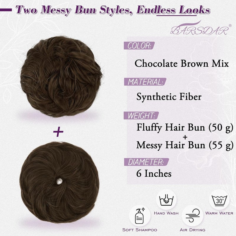 BARSDAR 2 Pieces Hairpiece with Elastic Band, Messy Bun Hair Scrunchie Hair Bun Extensions for Women Synthetic Hair Updo Hairstyles Thick Hair Bun Hair Extensions Hairpieces - Chocolate Brown - Image 2