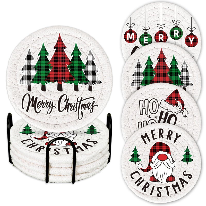 Whaline 4Pcs Merry Christmas Cup Coasters Handmade Braided Cotton Drink Coasters Xmas Buffalo Plaid Anti Slip Absorbent Tabletop Protection for Home Office Party Tableware 43  43 inch