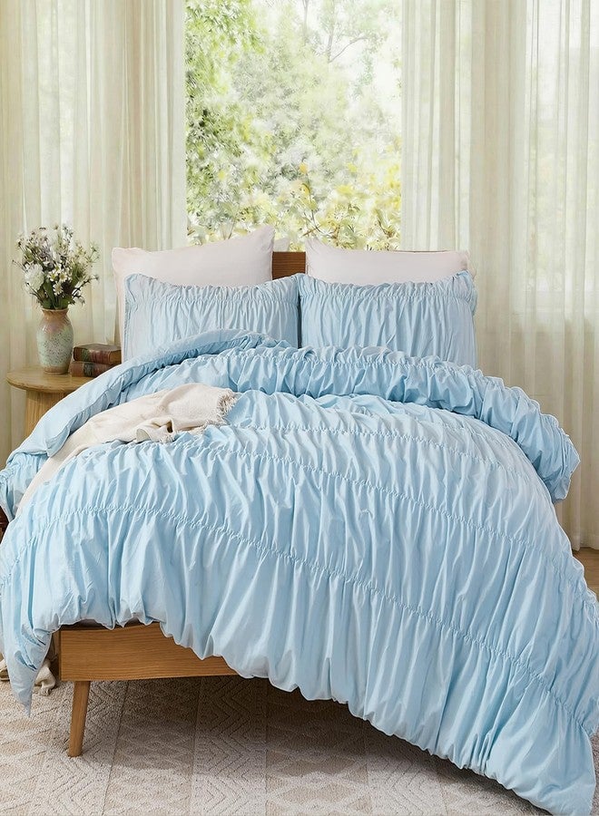 Bedbay طقم غطاء لحاف Bedbay Boho بحجم كوين، مصنوع من القطن الخالص 100%، غطاء لحاف أزرق مكشكش بحجم كوين، غطاء لحاف من القطن الخالص ذو ملمس مميز مع سحاب وأربطة زاوية، طقم مفروشات بوهيمي مكون من 3 قطع مناسب لغرف نوم الفتيات والمراهقات - Image 2