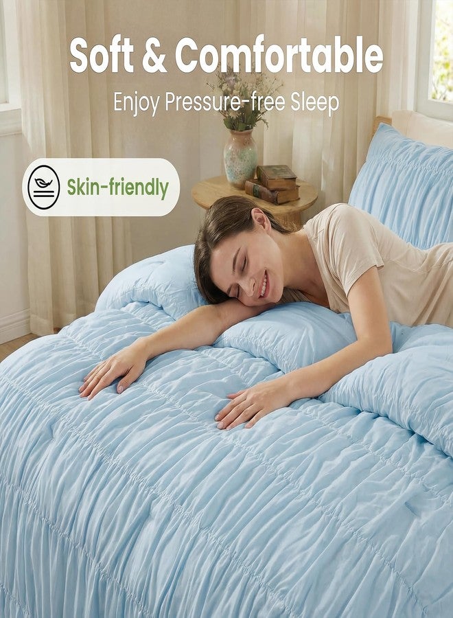 Bedbay طقم غطاء لحاف Bedbay Boho بحجم كوين، مصنوع من القطن الخالص 100%، غطاء لحاف أزرق مكشكش بحجم كوين، غطاء لحاف من القطن الخالص ذو ملمس مميز مع سحاب وأربطة زاوية، طقم مفروشات بوهيمي مكون من 3 قطع مناسب لغرف نوم الفتيات والمراهقات - Image 3