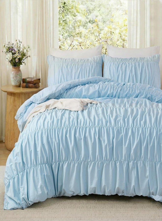 Bedbay طقم غطاء لحاف Bedbay Boho بحجم كوين، مصنوع من القطن الخالص 100%، غطاء لحاف أزرق مكشكش بحجم كوين، غطاء لحاف من القطن الخالص ذو ملمس مميز مع سحاب وأربطة زاوية، طقم مفروشات بوهيمي مكون من 3 قطع مناسب لغرف نوم الفتيات والمراهقات - Image 1