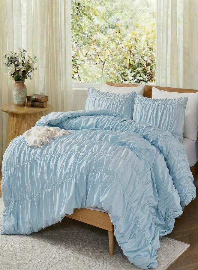 Bedbay طقم غطاء لحاف Bedbay Boho بحجم كوين، مصنوع من القطن الخالص 100%، غطاء لحاف أزرق مكشكش بحجم كوين، غطاء لحاف من القطن الخالص ذو ملمس مميز مع سحاب وأربطة زاوية، طقم مفروشات بوهيمي مكون من 3 قطع مناسب لغرف نوم الفتيات والمراهقات - Image 4