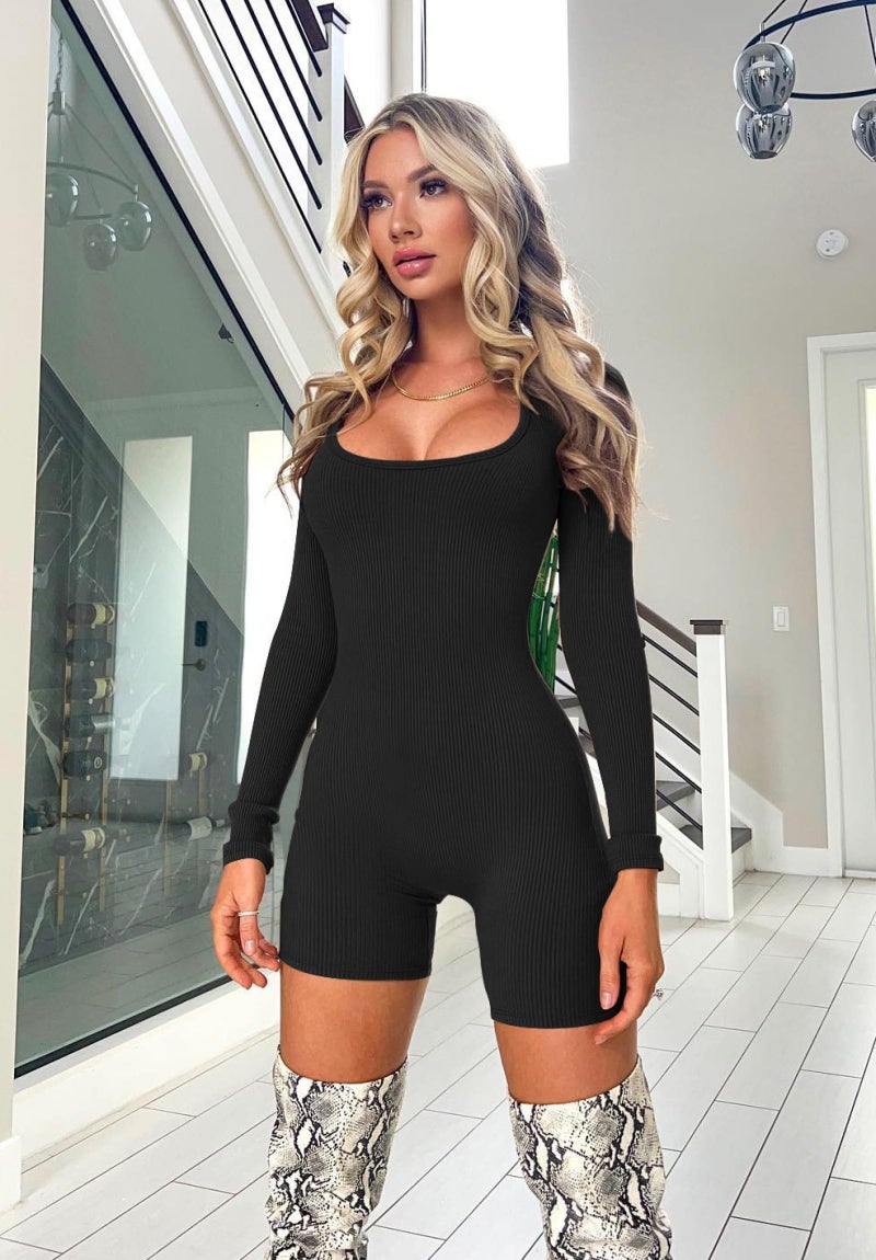 OLCHEE Women's Long Sleeve Workout Romper Sexy Square Neck Backless Jumpsuit Shorts Seamless Ribbed Slim Fit Tummy Control - Black Medium - Image 1