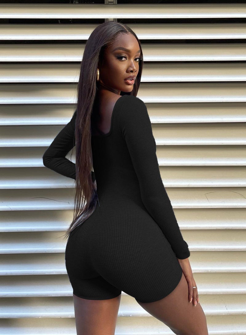 OLCHEE Women's Long Sleeve Workout Romper Sexy Square Neck Backless Jumpsuit Shorts Seamless Ribbed Slim Fit Tummy Control - Black Medium - Image 5