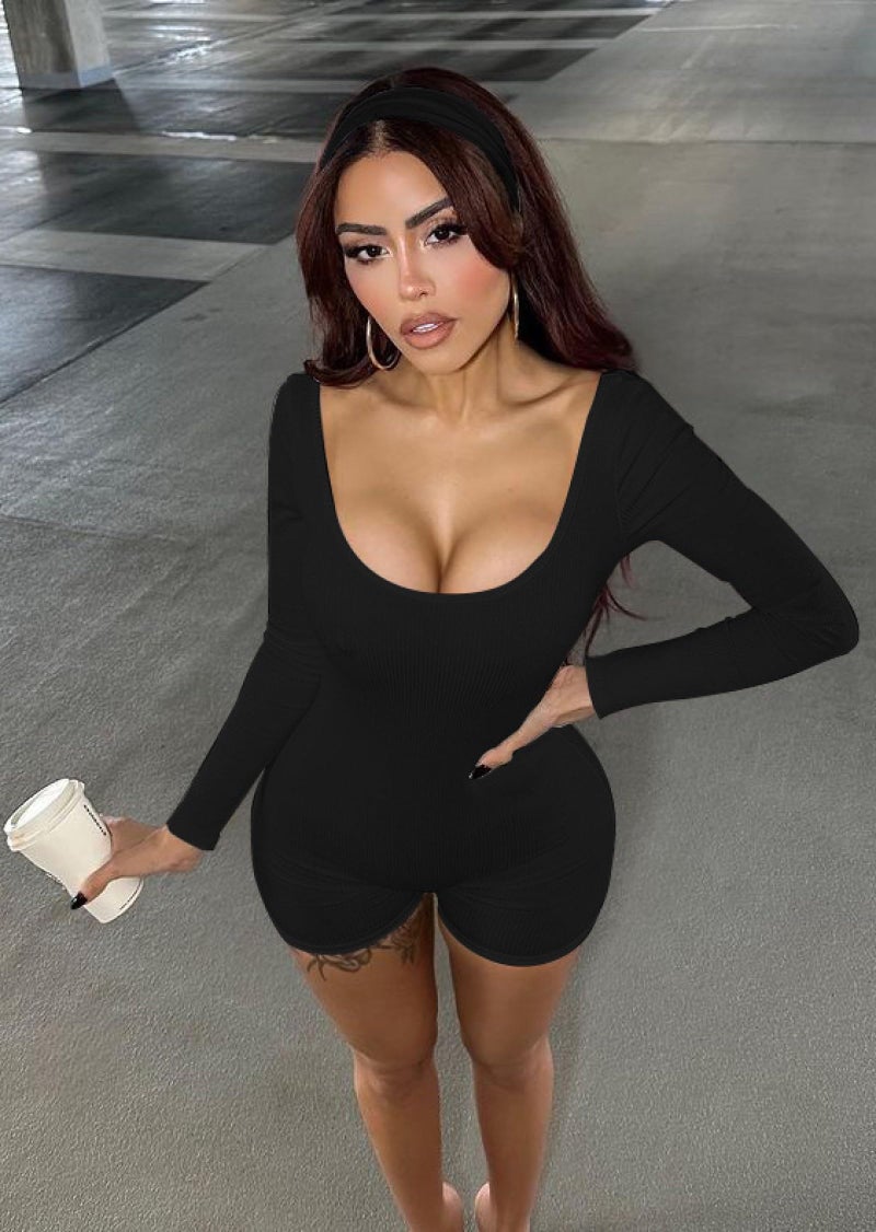 OLCHEE Women's Long Sleeve Workout Romper Sexy Square Neck Backless Jumpsuit Shorts Seamless Ribbed Slim Fit Tummy Control - Black Medium - Image 2