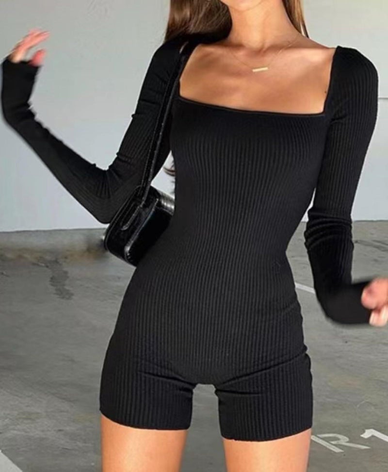 OLCHEE Women's Long Sleeve Workout Romper Sexy Square Neck Backless Jumpsuit Shorts Seamless Ribbed Slim Fit Tummy Control - Black Medium - Image 4