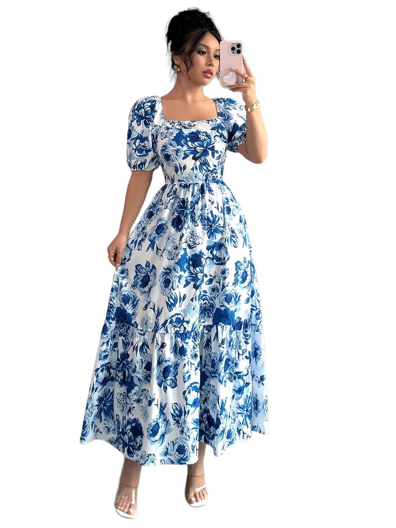 An Elegant A-Line Long Dress with a Floral Print, Square Neckline, And Puff Sleeves, Perfect for Outings in The Spring And Summer, Featuring a Loose Fit - Image 1