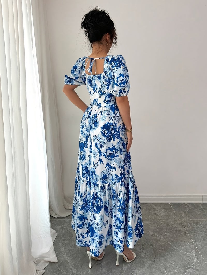 An Elegant A-Line Long Dress with a Floral Print, Square Neckline, And Puff Sleeves, Perfect for Outings in The Spring And Summer, Featuring a Loose Fit - Image 3