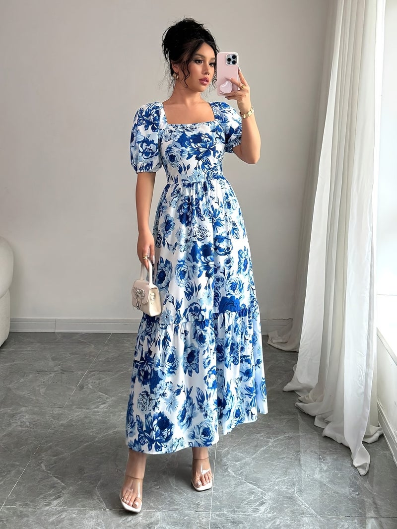 An Elegant A-Line Long Dress with a Floral Print, Square Neckline, And Puff Sleeves, Perfect for Outings in The Spring And Summer, Featuring a Loose Fit - Image 2