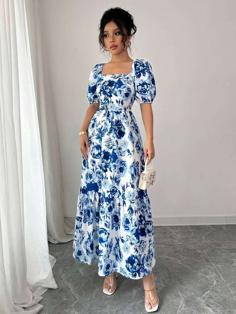An Elegant A-Line Long Dress with a Floral Print, Square Neckline, And Puff Sleeves, Perfect for Outings in The Spring And Summer, Featuring a Loose Fit - Image 5
