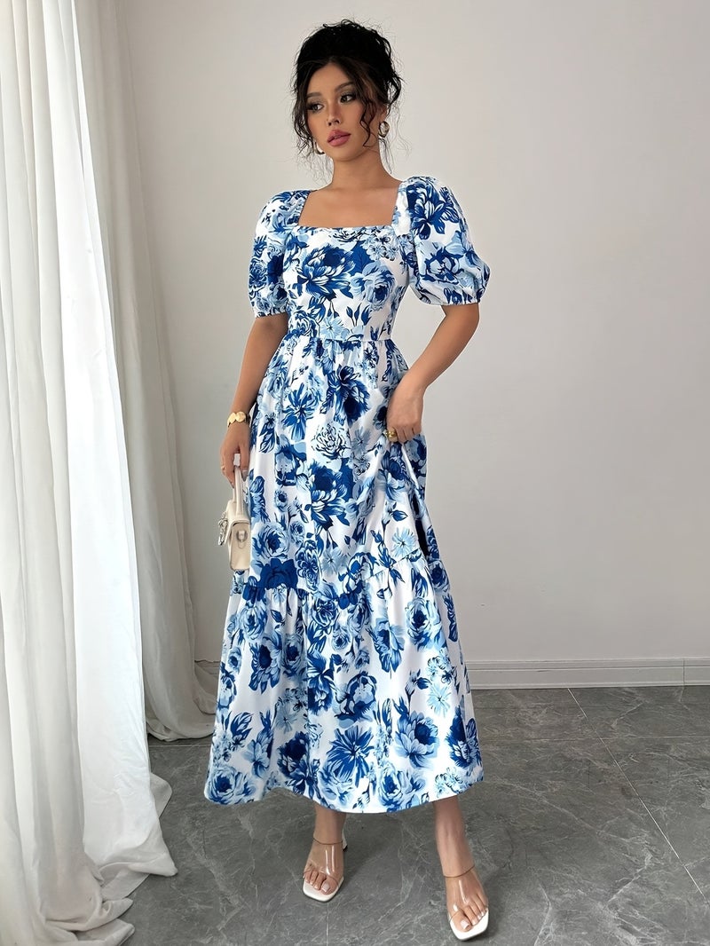 An Elegant A-Line Long Dress with a Floral Print, Square Neckline, And Puff Sleeves, Perfect for Outings in The Spring And Summer, Featuring a Loose Fit - Image 4