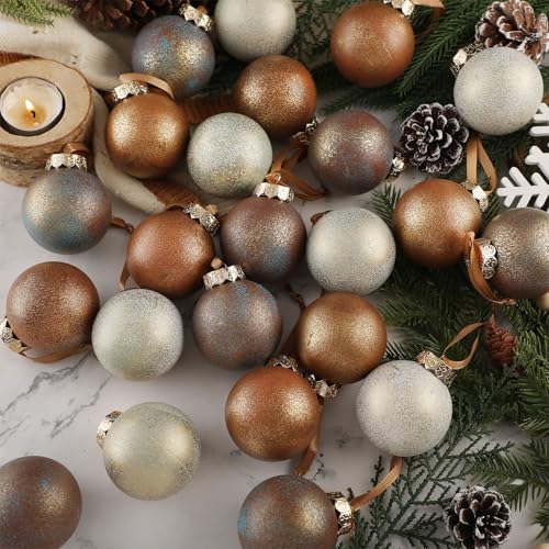 Suilung 24 Pcs Neutral Textured Christmas Ball Ornaments 236 Vintage Christmas Tree Decor Modern Rustic Brown Ornaments with Loop Shatterproof Hanging Ball for Xmas Farmhouse Decor Earth Color - Image 3