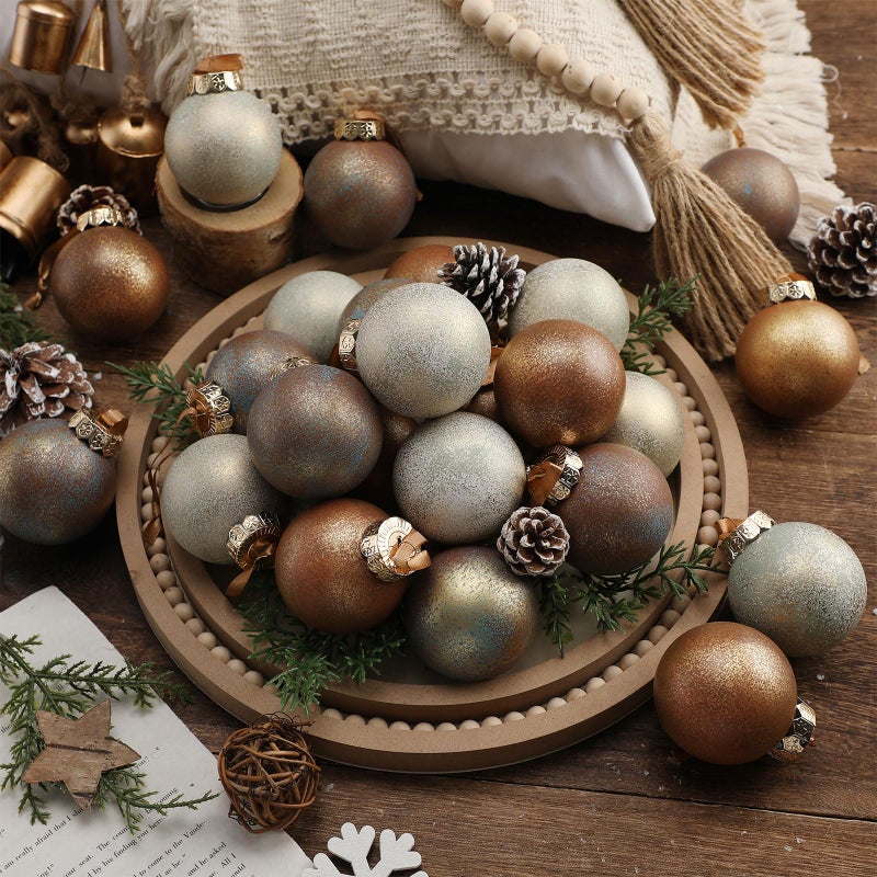 Suilung 24 Pcs Neutral Textured Christmas Ball Ornaments 236 Vintage Christmas Tree Decor Modern Rustic Brown Ornaments with Loop Shatterproof Hanging Ball for Xmas Farmhouse Decor Earth Color - Image 2