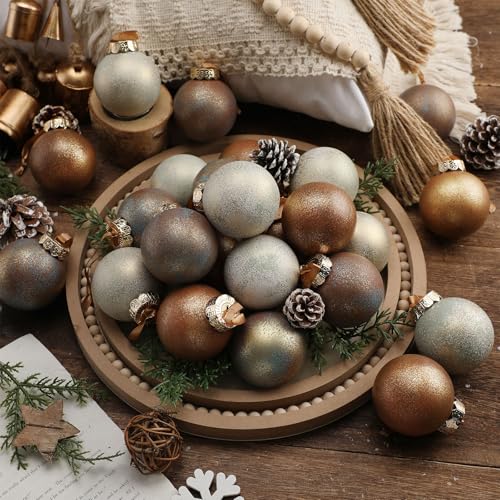 Suilung 24 Pcs Neutral Textured Christmas Ball Ornaments 236 Vintage Christmas Tree Decor Modern Rustic Brown Ornaments with Loop Shatterproof Hanging Ball for Xmas Farmhouse Decor Earth Color - Image 1