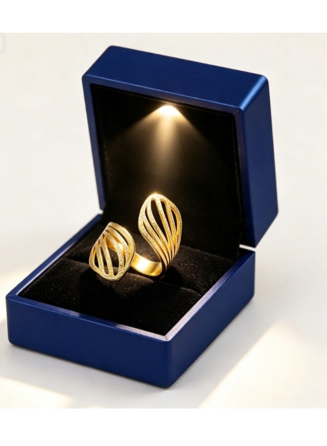 LATEEN 18K Gold Plated Stainless Steel Boho Retro Geometric Open Ring with Luxury LED Light Gift Box, Irregular Woven Hollow Statement Wide Ring for Women - Image 1