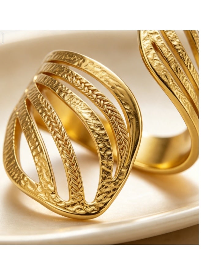 LATEEN 18K Gold Plated Stainless Steel Boho Retro Geometric Open Ring with Luxury LED Light Gift Box, Irregular Woven Hollow Statement Wide Ring for Women - Image 2