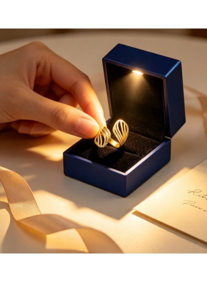 LATEEN 18K Gold Plated Stainless Steel Boho Retro Geometric Open Ring with Luxury LED Light Gift Box, Irregular Woven Hollow Statement Wide Ring for Women - Image 3