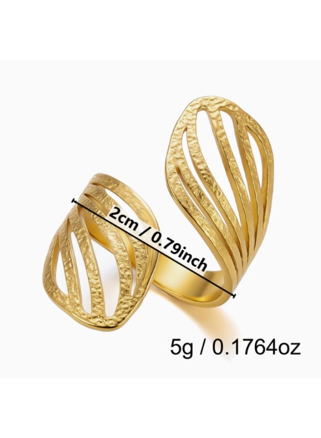 LATEEN 18K Gold Plated Stainless Steel Boho Retro Geometric Open Ring with Luxury LED Light Gift Box, Irregular Woven Hollow Statement Wide Ring for Women - Image 4