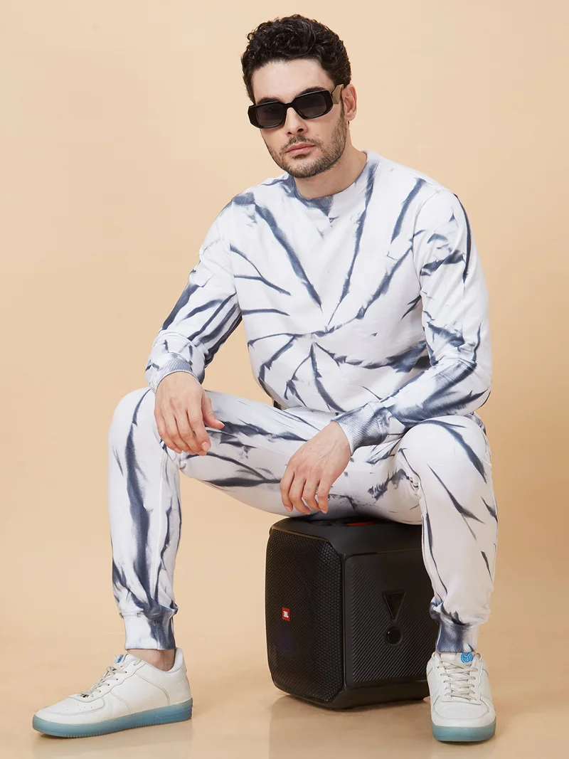 Globus Men White Tie and Dye Sports Co-Ords Set with Sweatshirt and Joggers