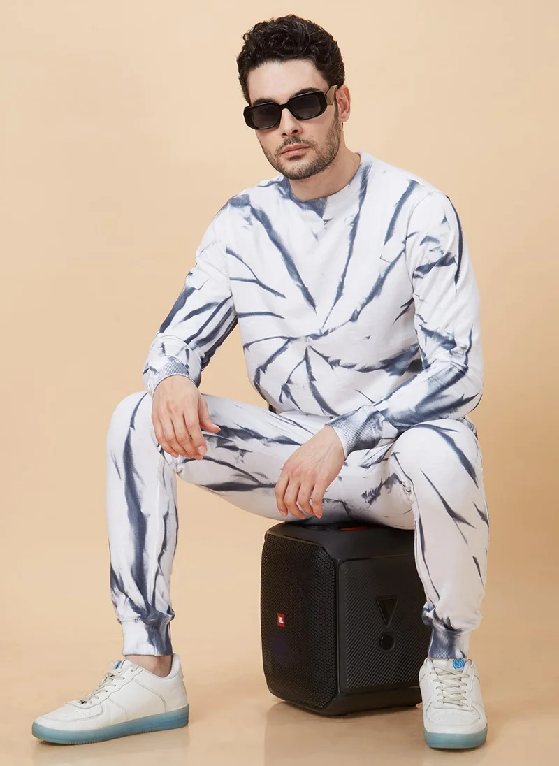 Globus Men White Tie and Dye Sports Co-Ords Set with Sweatshirt and Joggers