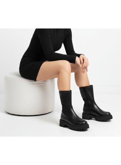 حذاء بوت للكاحل بكعب متوسط ​​من الجلد المريح E-107 - أسود