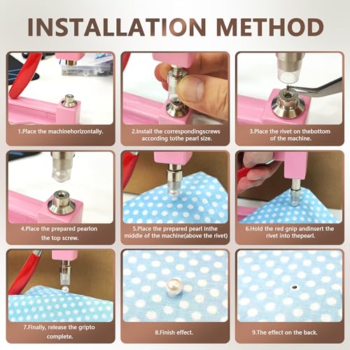AILUHONG Pearl Setting Machine Hand Press Tools 2 Boxes White No Holes Pearl Beads with Rivet Studs Screw Heads L Hexagon Wrench for Decorating Clothes Hat Trousers Dresses Bag Hair Band DIY Crafts (Pink) - Image 5