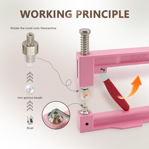 AILUHONG Pearl Setting Machine Hand Press Tools 2 Boxes White No Holes Pearl Beads with Rivet Studs Screw Heads L Hexagon Wrench for Decorating Clothes Hat Trousers Dresses Bag Hair Band DIY Crafts (Pink) - Image 3
