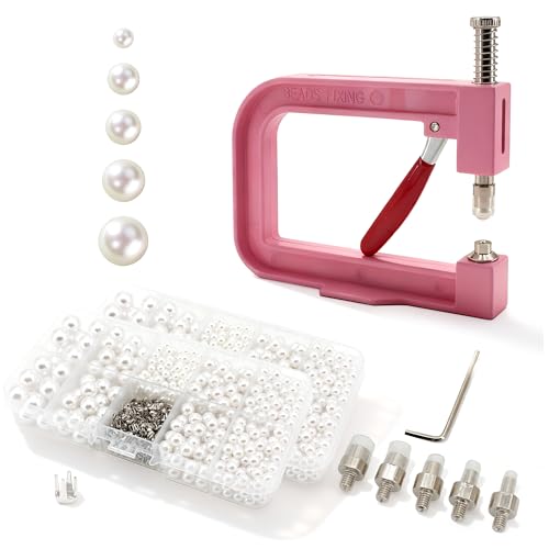 AILUHONG Pearl Setting Machine Hand Press Tools 2 Boxes White No Holes Pearl Beads with Rivet Studs Screw Heads L Hexagon Wrench for Decorating Clothes Hat Trousers Dresses Bag Hair Band DIY Crafts (Pink) - Image 1
