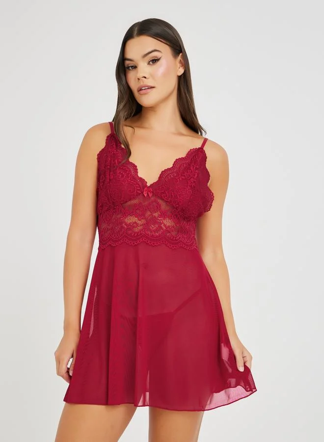 Styli Styli Solid Lace Trim Mesh Slip Dress