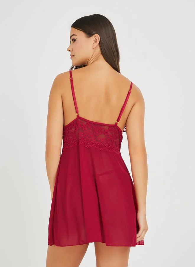 Styli Styli Solid Lace Trim Mesh Slip Dress