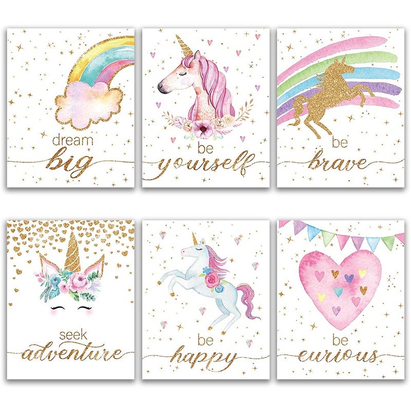 Faljiok Inspirational Unicorn Watercolor Art Prints مجموعة من 6 (8x10) حائط يونيكورن ديكور الأطفال ديكور غرفة للبنات زخارف غرفة نوم للملصقات لفتيات في سن المراهقة دون إطار