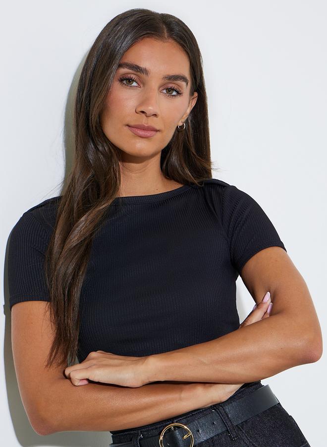 Styli Black Solid Ribbed Knit Short Sleeve Top - Image 1