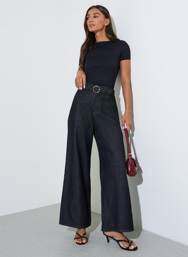 Styli Black Solid Ribbed Knit Short Sleeve Top - Image 2