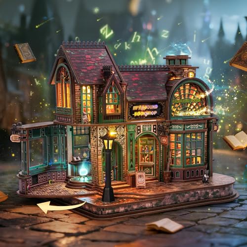 FUNPOLA 3D Wooden Puzzle Magic Bookstore with LED Lights DIY Miniature Kit Spellbound Bookshop Home Dcor Display Creative Gift for Adults and Teens - Image 5