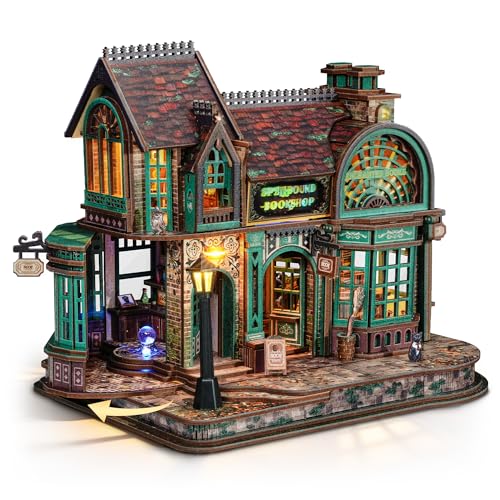 FUNPOLA 3D Wooden Puzzle Magic Bookstore with LED Lights DIY Miniature Kit Spellbound Bookshop Home Dcor Display Creative Gift for Adults and Teens - Image 1