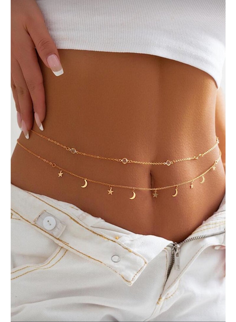 سلسلة خصر ذهبية فاخرة مزدوجة الطبقات مزينة بقلادات القمر والنجوم الكريستالية للنساء – تصميم أنيق قابل للتعديل مع تعليقات لامعة من أحجار الراين، مثالية للفساتين الصيفية والإطلالات الشاطئية والحفلات والمهرجانات والاستخدام اليومي (طبقتان) - Image 1