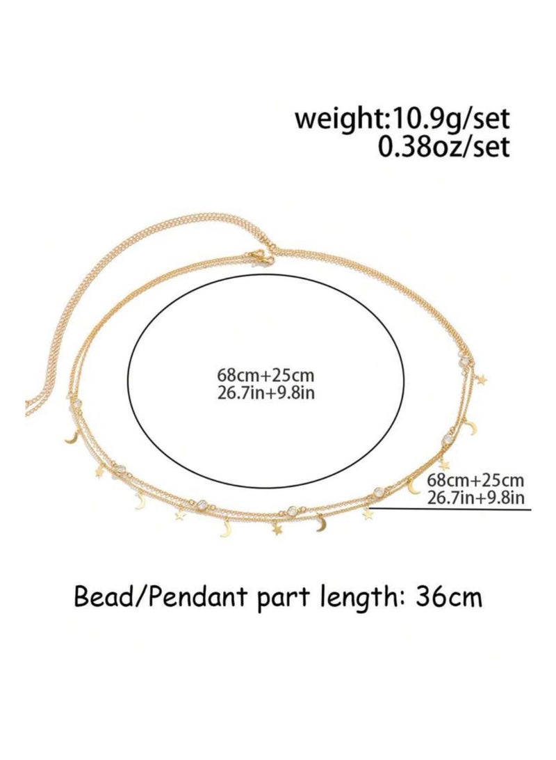 سلسلة خصر ذهبية فاخرة مزدوجة الطبقات مزينة بقلادات القمر والنجوم الكريستالية للنساء – تصميم أنيق قابل للتعديل مع تعليقات لامعة من أحجار الراين، مثالية للفساتين الصيفية والإطلالات الشاطئية والحفلات والمهرجانات والاستخدام اليومي (طبقتان) - Image 3