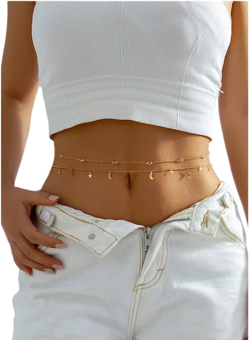 سلسلة خصر ذهبية فاخرة مزدوجة الطبقات مزينة بقلادات القمر والنجوم الكريستالية للنساء – تصميم أنيق قابل للتعديل مع تعليقات لامعة من أحجار الراين، مثالية للفساتين الصيفية والإطلالات الشاطئية والحفلات والمهرجانات والاستخدام اليومي (طبقتان) - Image 4