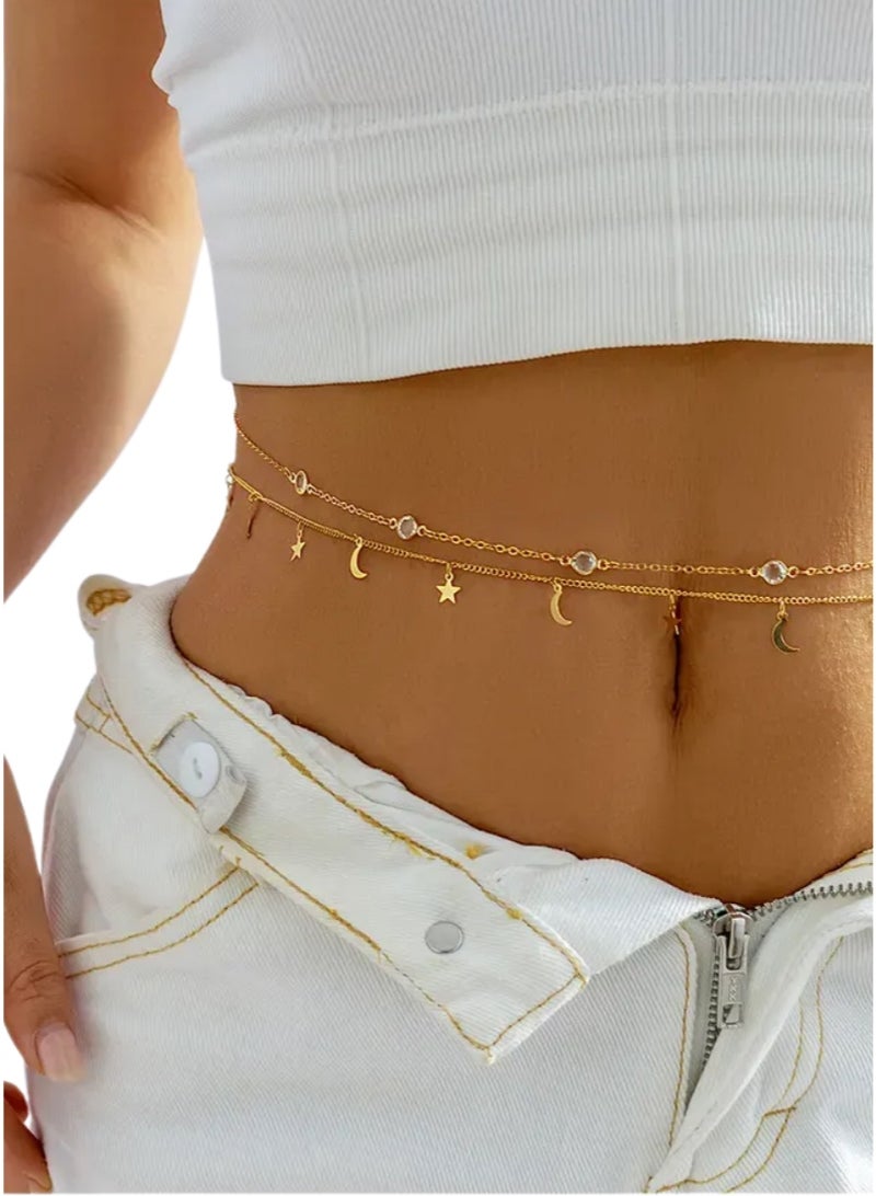 سلسلة خصر ذهبية فاخرة مزدوجة الطبقات مزينة بقلادات القمر والنجوم الكريستالية للنساء – تصميم أنيق قابل للتعديل مع تعليقات لامعة من أحجار الراين، مثالية للفساتين الصيفية والإطلالات الشاطئية والحفلات والمهرجانات والاستخدام اليومي (طبقتان) - Image 5