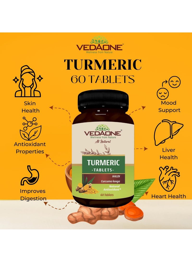 VEDAONE All Natural Turmeric/Curcumin Tablets | 750mg Each | 60 Caplets | 100% Turmeric/Haldi Tablets for Men and Women | Supports Joints, Immune System, Digestive Health, Skin & Stress Relief - Image 3