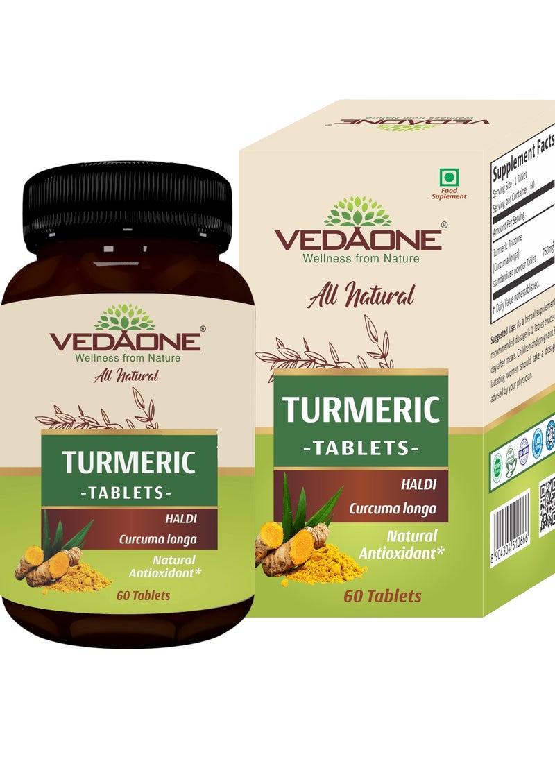 VEDAONE All Natural Turmeric/Curcumin Tablets | 750mg Each | 60 Caplets | 100% Turmeric/Haldi Tablets for Men and Women | Supports Joints, Immune System, Digestive Health, Skin & Stress Relief - Image 1