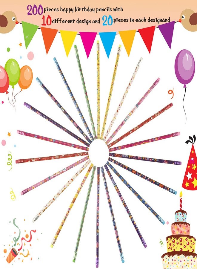 Yahenda 200 Pcs Happy Birthday Pencils Colorful Printed Pencils for Students Teacher Back to School 7.5 Inch with Top Erasers for Classroom Reward Birthday Party Kids Gifts Supplies - Image 2
