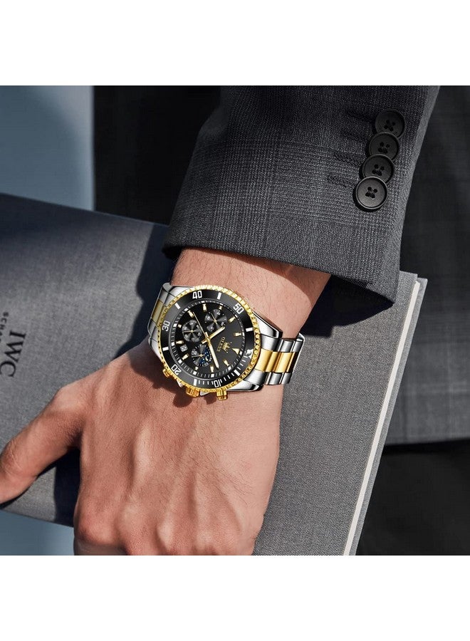 OLEVS Mens Watches Chronograph Quartz Black Moon Phase Luxury Dress Two Tone Stainless Steel Waterproof Luminous Business Date Calendar Wrist Watch - Image 4