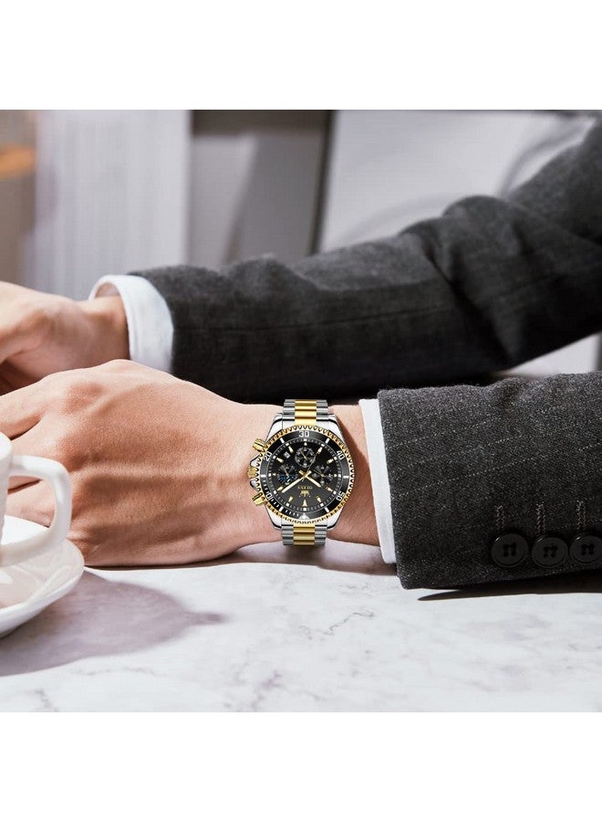 OLEVS Mens Watches Chronograph Quartz Black Moon Phase Luxury Dress Two Tone Stainless Steel Waterproof Luminous Business Date Calendar Wrist Watch - Image 3