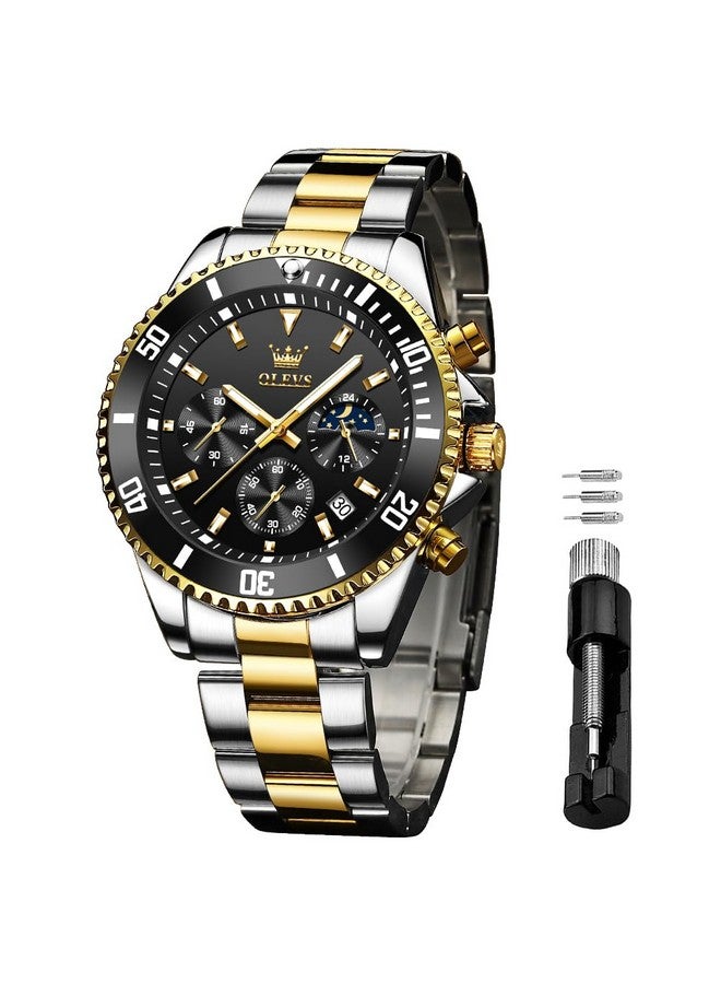 OLEVS Mens Watches Chronograph Quartz Black Moon Phase Luxury Dress Two Tone Stainless Steel Waterproof Luminous Business Date Calendar Wrist Watch - Image 1