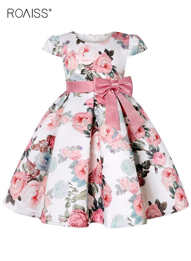 roaiss Girl's Summer Dress with Pink Bow and Back Zipper, Retro Formal Dress, Elegant Stylish A Line Dress for Girls, Suitable for Daily Wear or Any Occasion - Image 2
