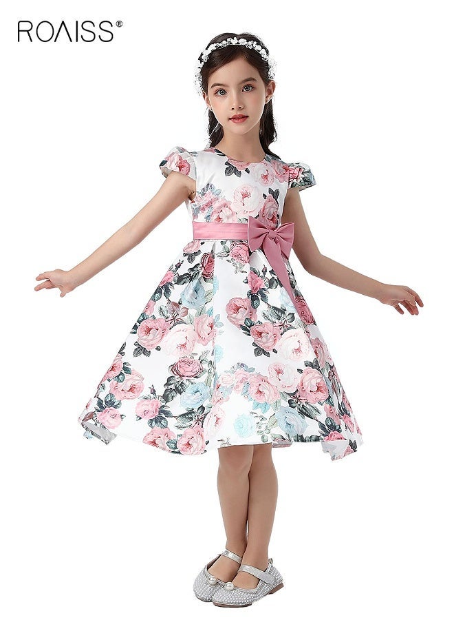 roaiss Girl's Summer Dress with Pink Bow and Back Zipper, Retro Formal Dress, Elegant Stylish A Line Dress for Girls, Suitable for Daily Wear or Any Occasion - Image 1