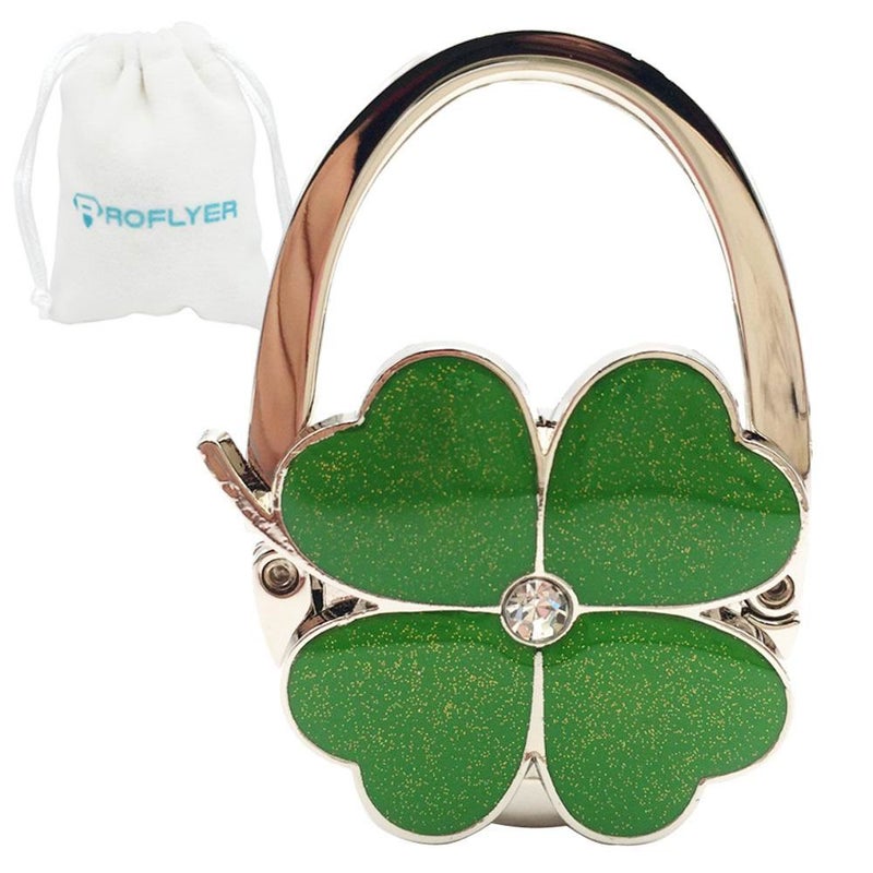 ROFLYER Four Leaf Clover Design Foldable Handbag Hanger Folding Purse Table Hook Holder, with Velvet Pouch(Green) - Image 1