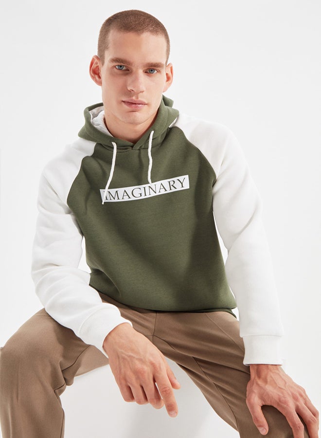 trendyol KHaki Slogan Printed Fleece SWeatshirt  Regular Fit - Image 1